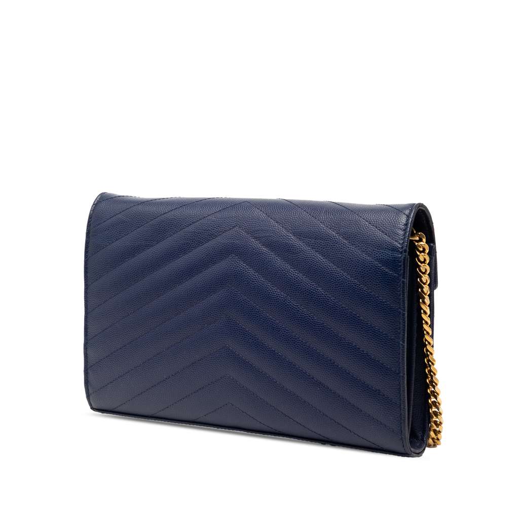 Saint Laurent Grain De Poudre Chevron Monogram Envelope Chain Wallet Blue Leather Never worn - Back View
