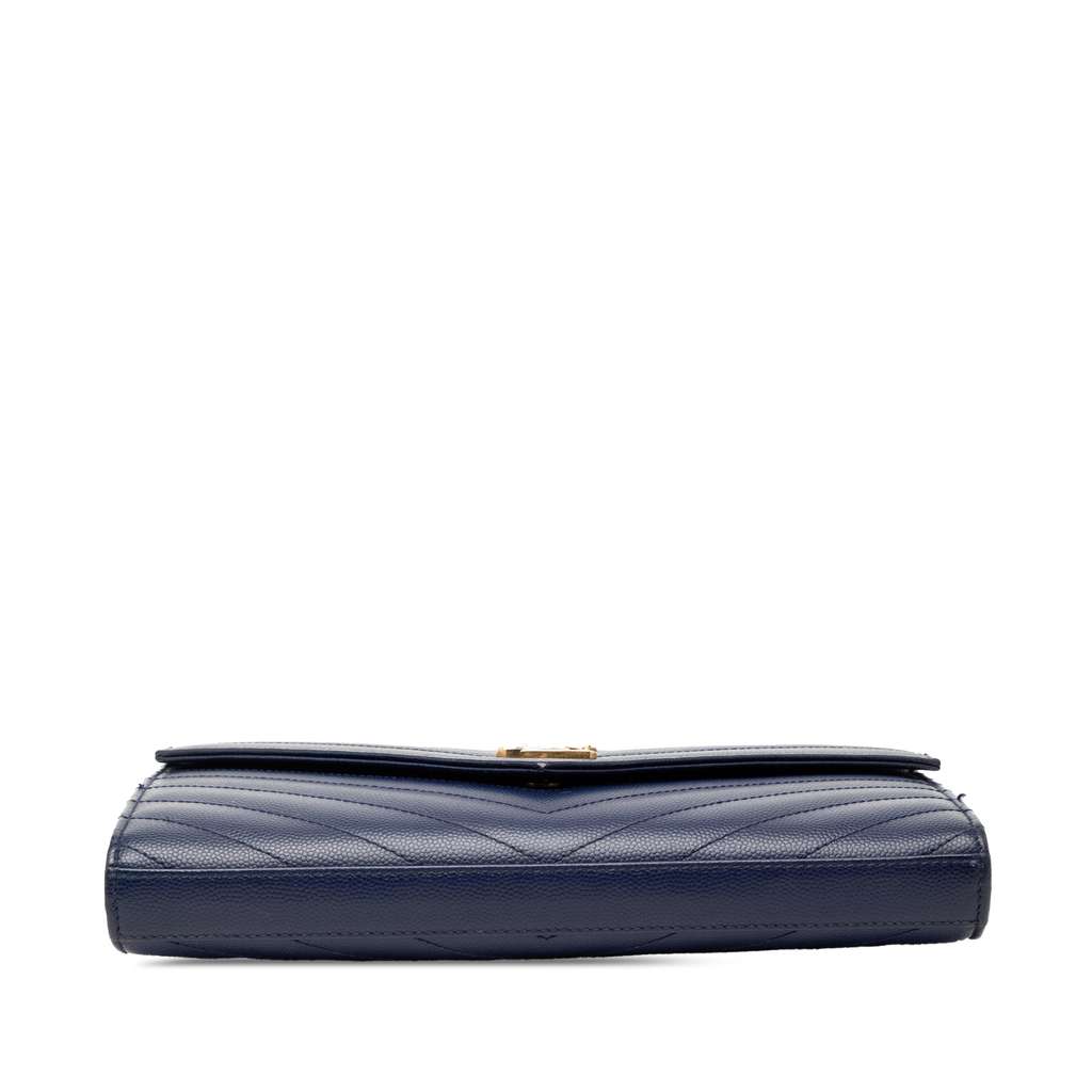 Saint Laurent Grain De Poudre Chevron Monogram Envelope Chain Wallet Blue Leather Never worn - Inside View