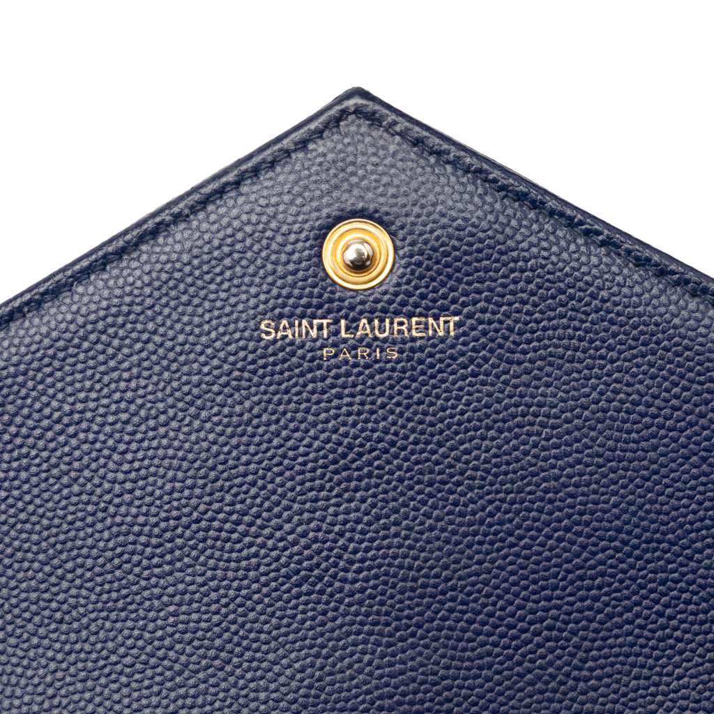 Saint Laurent Grain De Poudre Chevron Monogram Envelope Chain Wallet Blue Leather Never worn - Box View