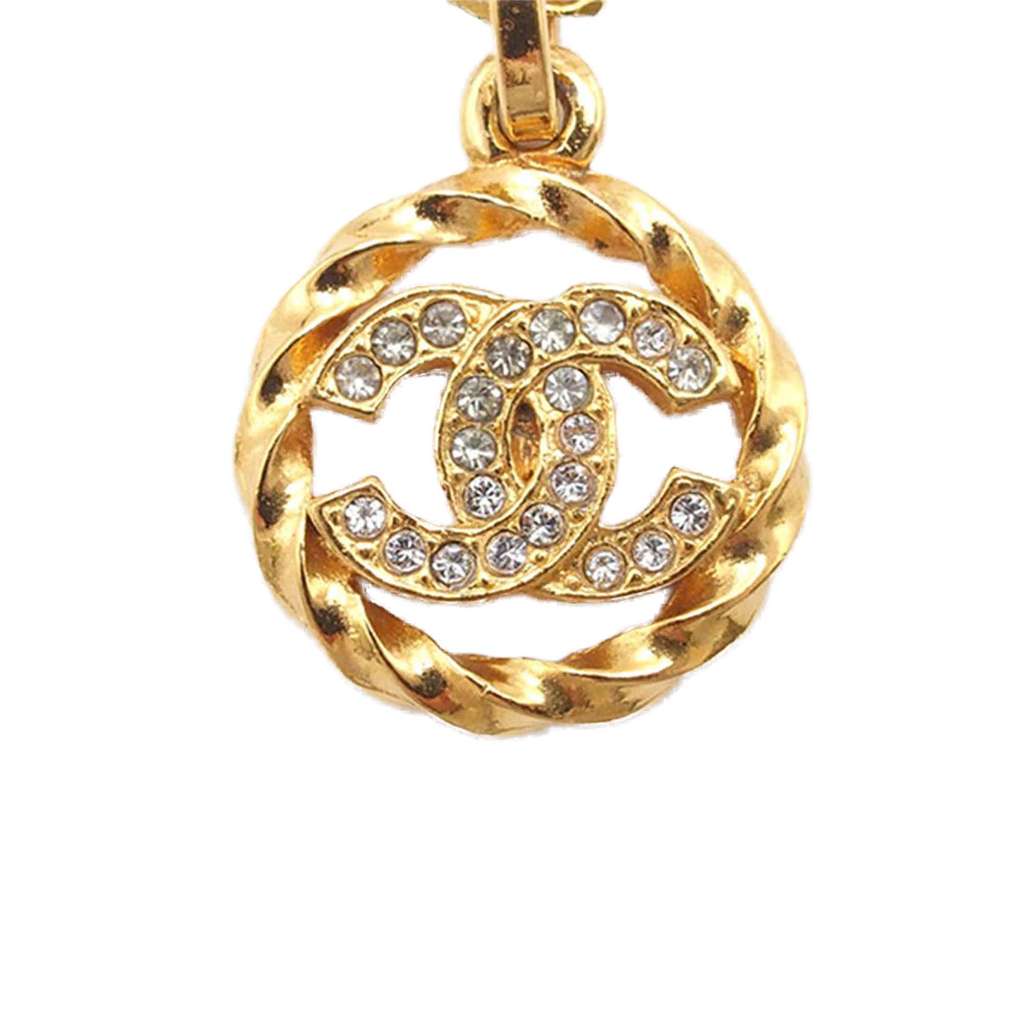 Chanel CC Gold Plated Strass Round Pendant Necklace