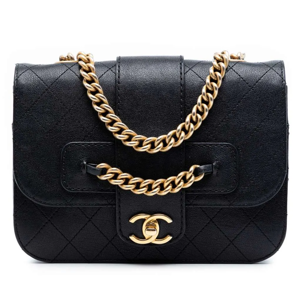 Chanel Large Quilted Sheepskin Front Chain Flap Black Leather Good - Front View