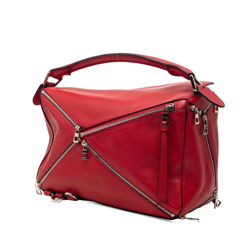 Loewe Medium Calfskin Zipper Puzzle Satchel Red Leather Very good condition - Back View
