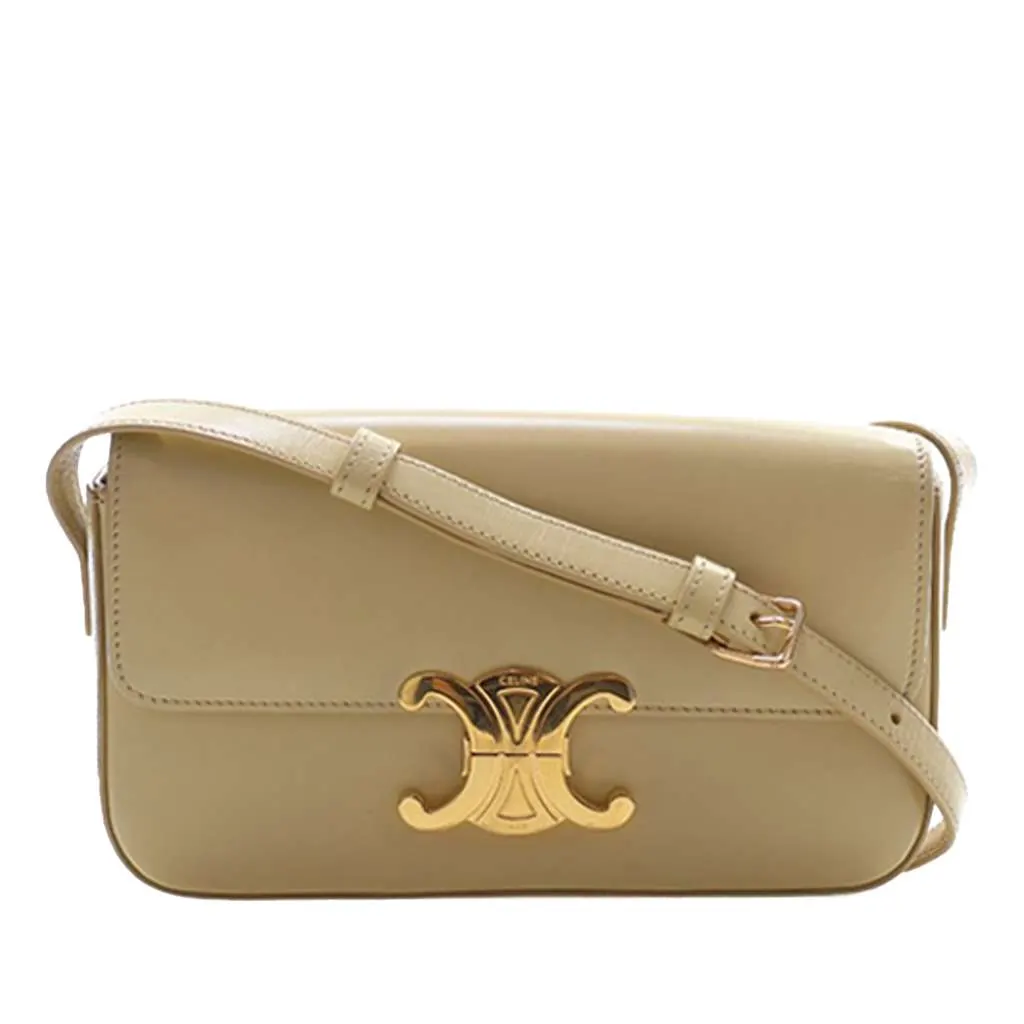 Celine Shiny Calfskin Triomphe Claude Shoulder Bag Beige Leather Never worn - Front View
