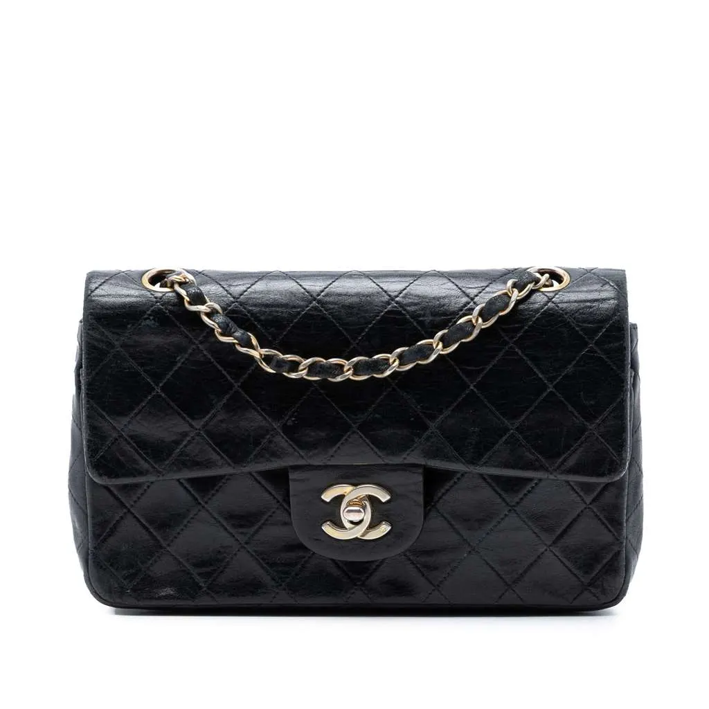 Chanel Small Classic Lambskin Double Flap Black Leather Good - Front View