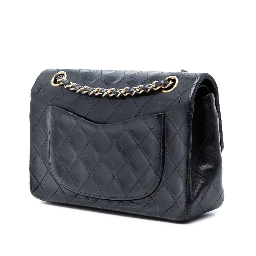 Chanel Small Classic Lambskin Double Flap Black Leather Good - Back View