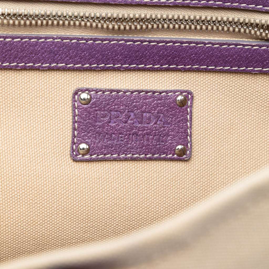 Prada Studded Leather Trimmed Canvas Front Pocket Tote Brown Canvas Very good condition - Box View