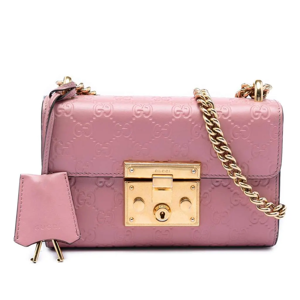 Gucci Small Guccissima Padlock Crossbody Pink Leather Very good - Front View