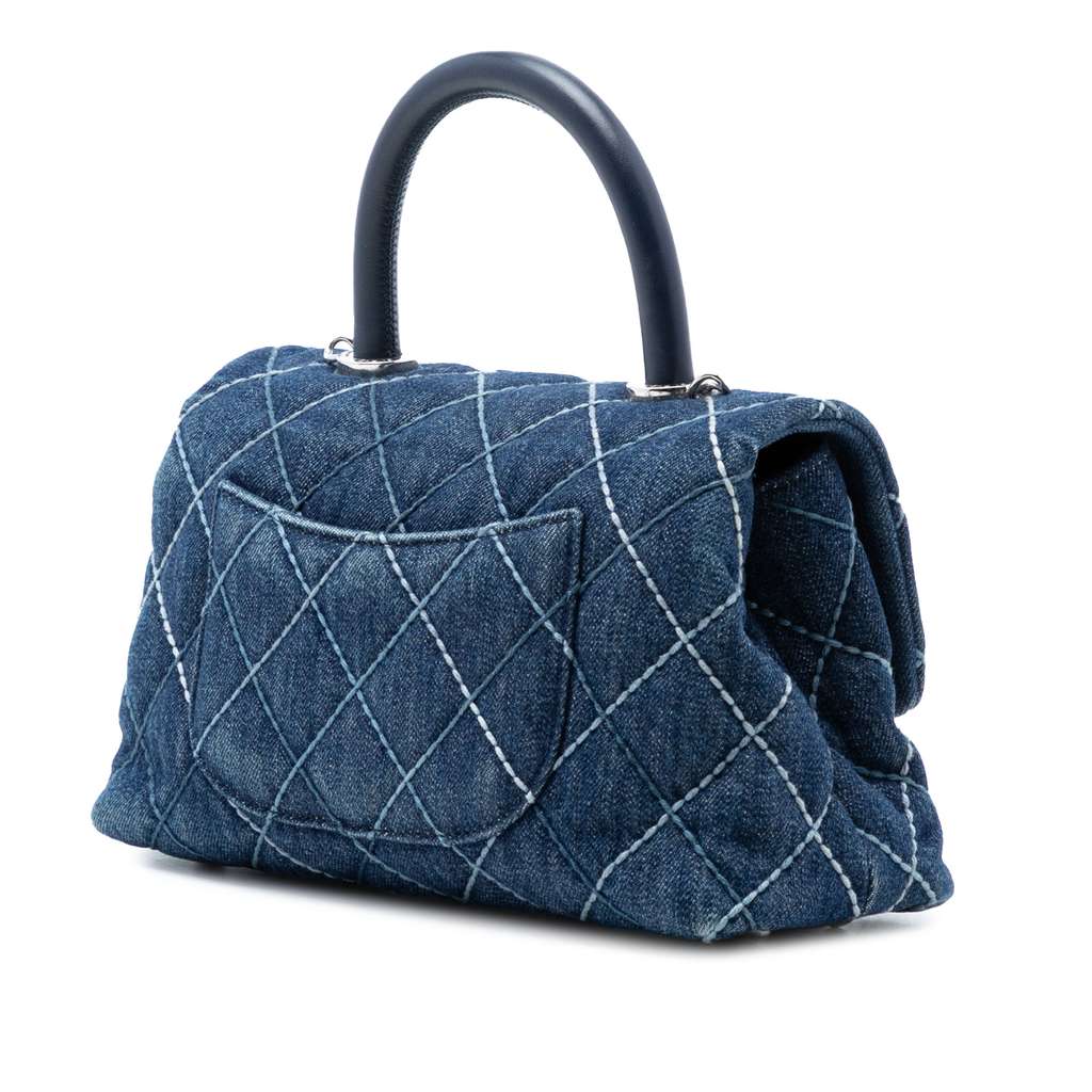 Chanel Small Quilted Denim Coco Top Handle Bag Blue Denim Very good condition - Back View