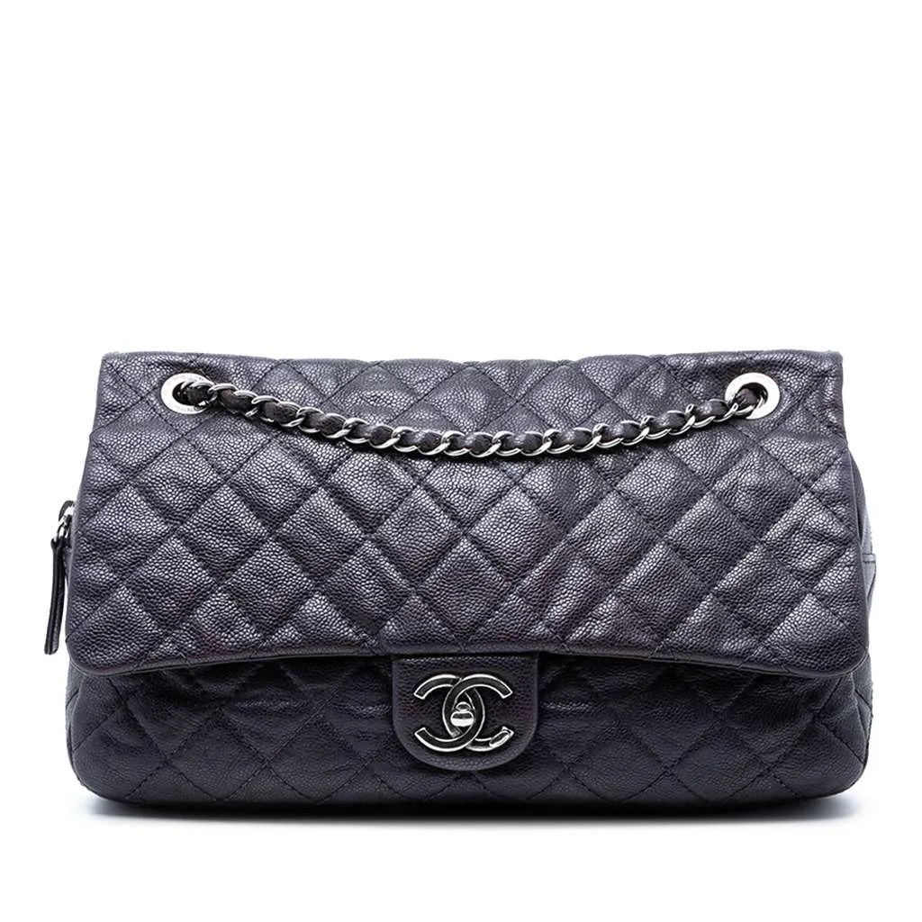 Chanel Jumbo Quilted Iridescent Caviar Easy Flap Grey Leather Very good - Front View
