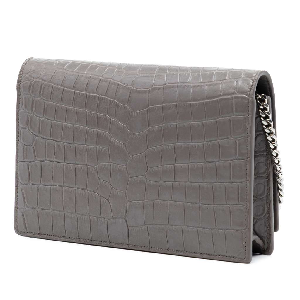 Saint Laurent Croc Embossed Leather Monogram Kate Tassel Wallet on Chain Grey Leather Very good condition - Back View