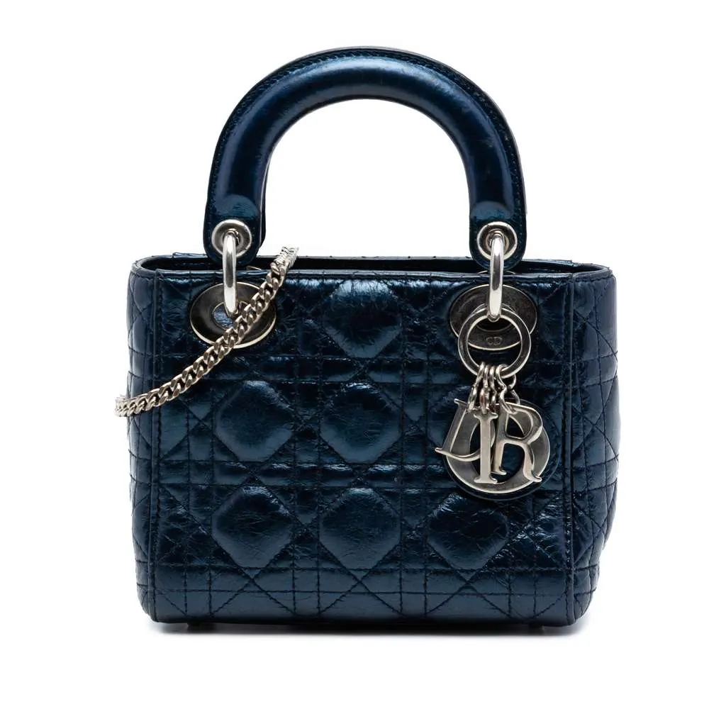 Dior Mini Metallic Calfskin Cannage Lady Dior Blue Leather Very good - Front View