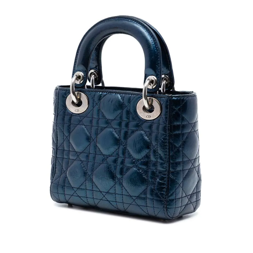 Dior Mini Metallic Calfskin Cannage Lady Dior Blue Leather Very good - Back View