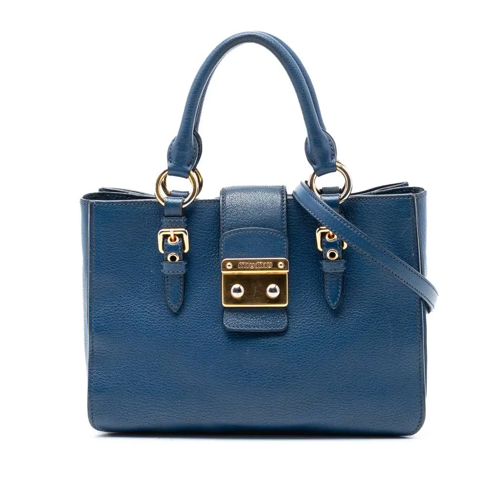 Miu Miu Goatskin Madras Satchel Blue Leather Good - Front View
