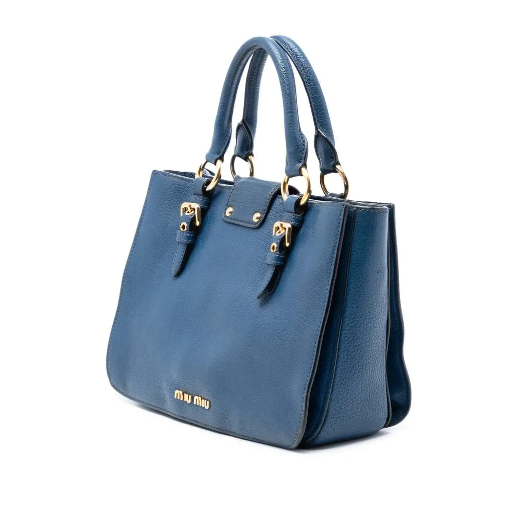 Miu Miu Goatskin Madras Satchel Blue Leather Good - Back View