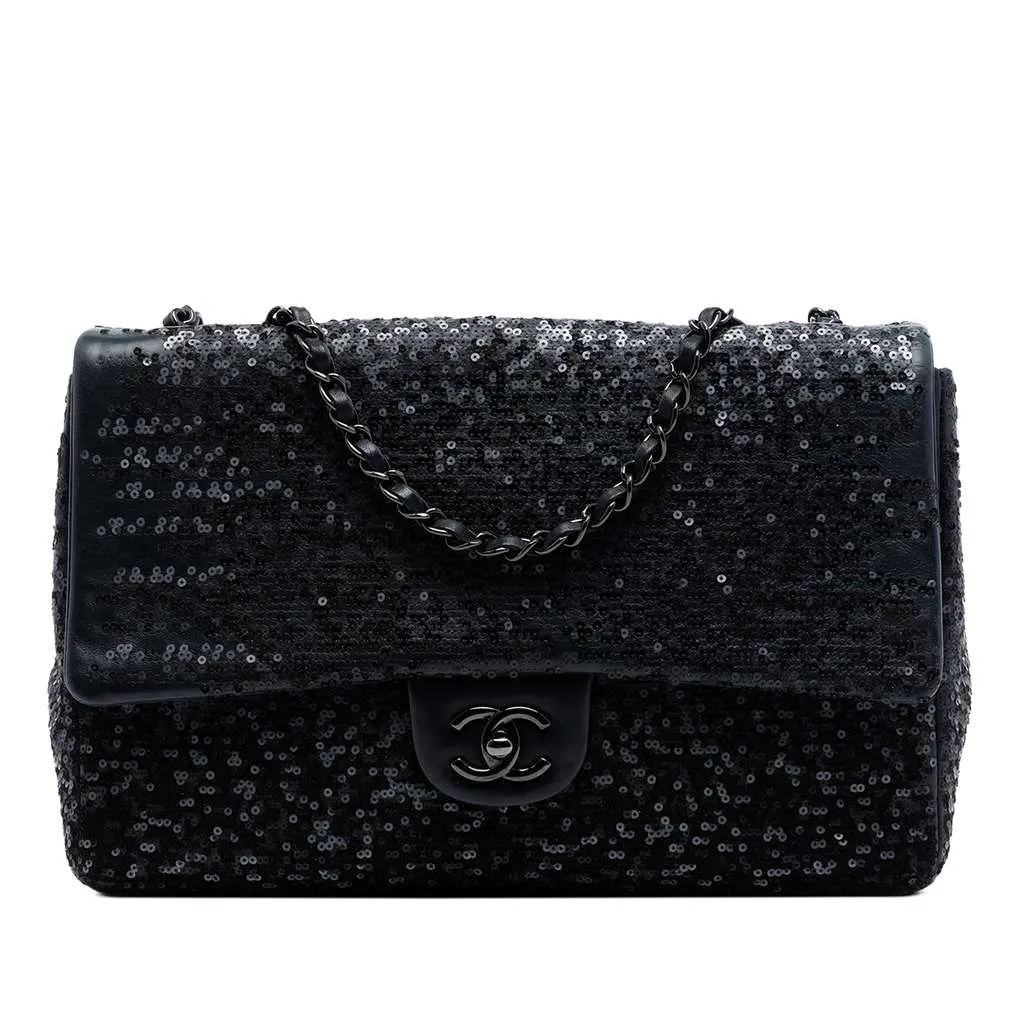 Chanel Jumbo Classic Sequins Single Flap Black Leather Very good - Front View