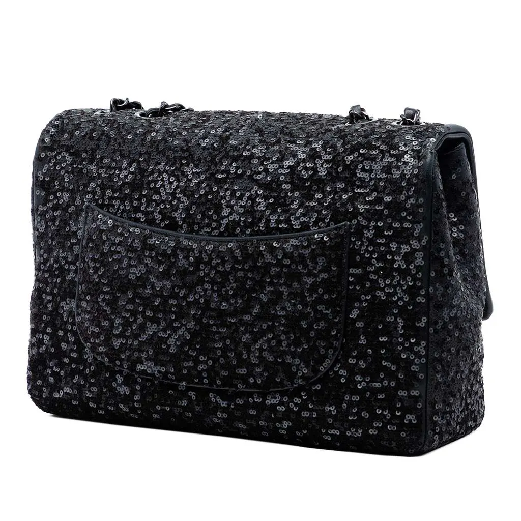 Chanel Jumbo Classic Sequins Single Flap Black Leather Very good - Back View