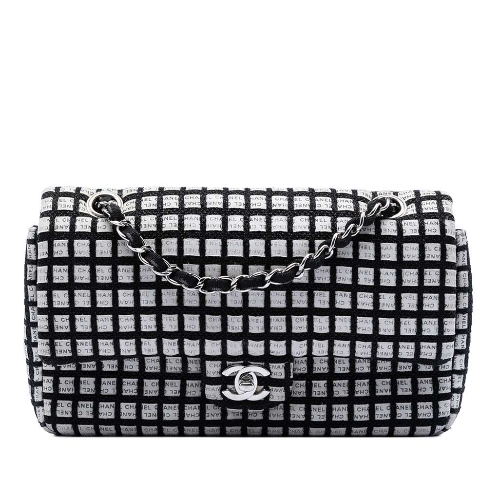Chanel Medium Classic Ribbon and Tweed Logo Double Flap