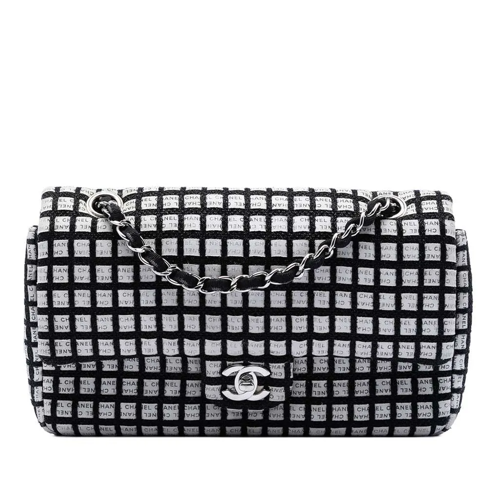 Chanel Medium Classic Ribbon and Tweed Logo Double Flap Black Canvas Very good - Front View