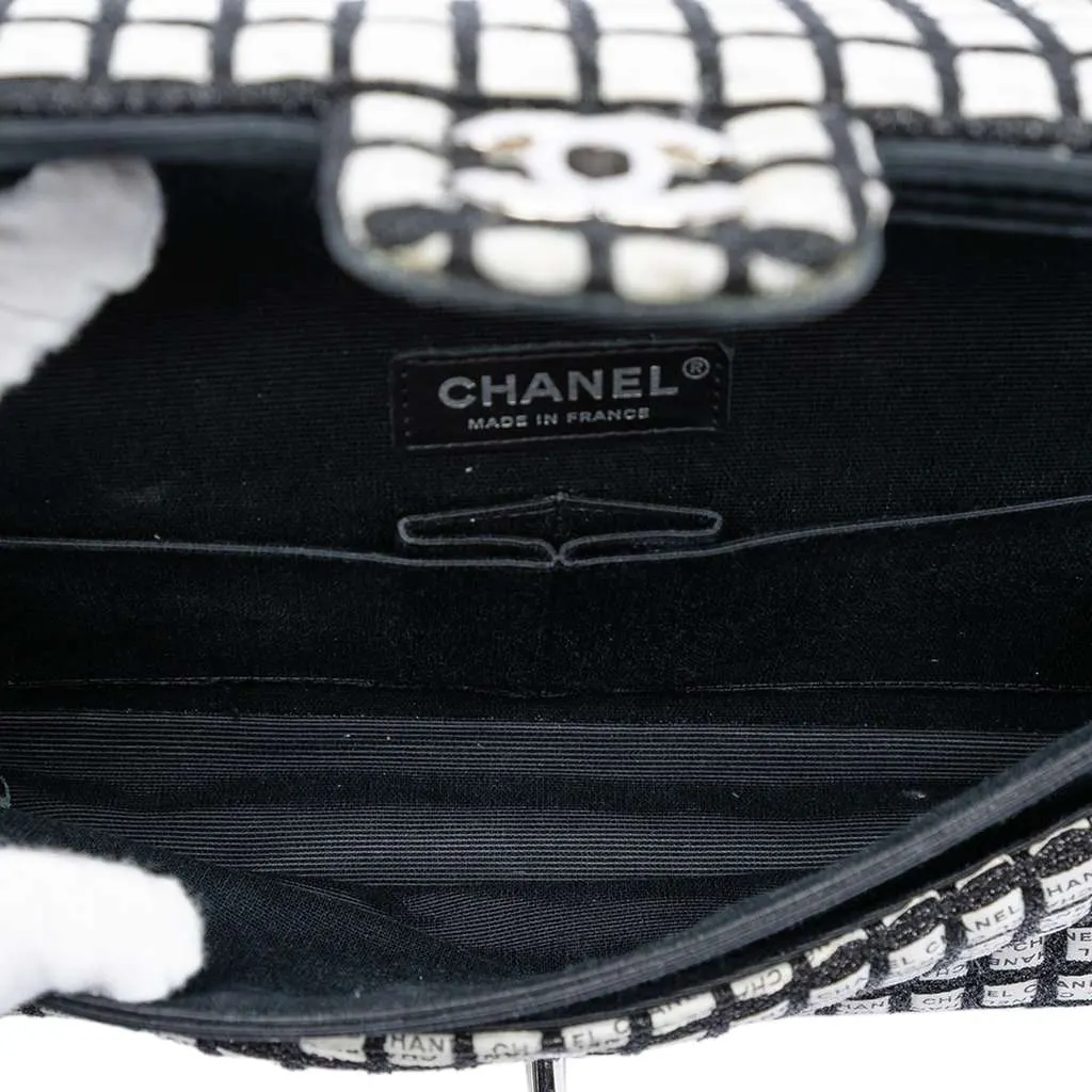 Chanel Medium Classic Ribbon and Tweed Logo Double Flap Black Canvas Very good - Model View