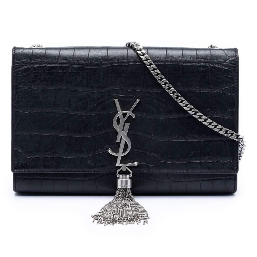Saint Laurent Medium Croc Embossed Leather Kate Tassel Crossbody