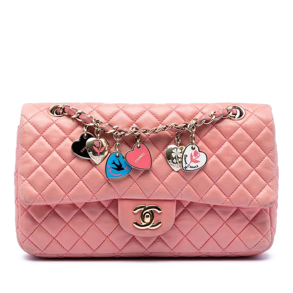 Chanel Medium Classic Lambskin Valentines Heart Charms Single Flap Pink Leather Very good - Front View