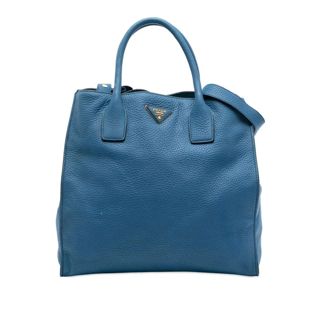 Prada Vitello Daino Open Convertible Tote Blue Leather Very good - Front View
