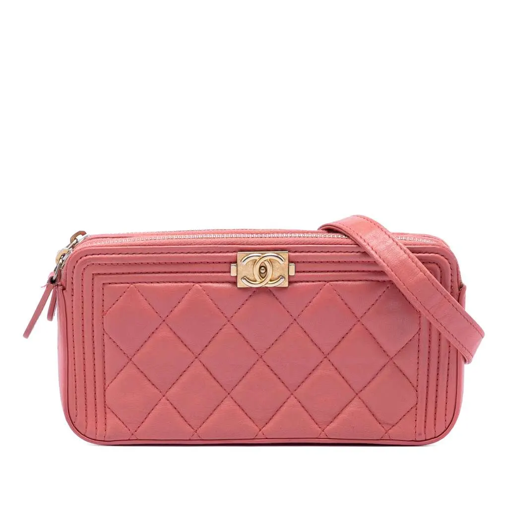Chanel Quilted Caviar Boy Double Zip Clutch With Chain Pink Leather Very good - Front View