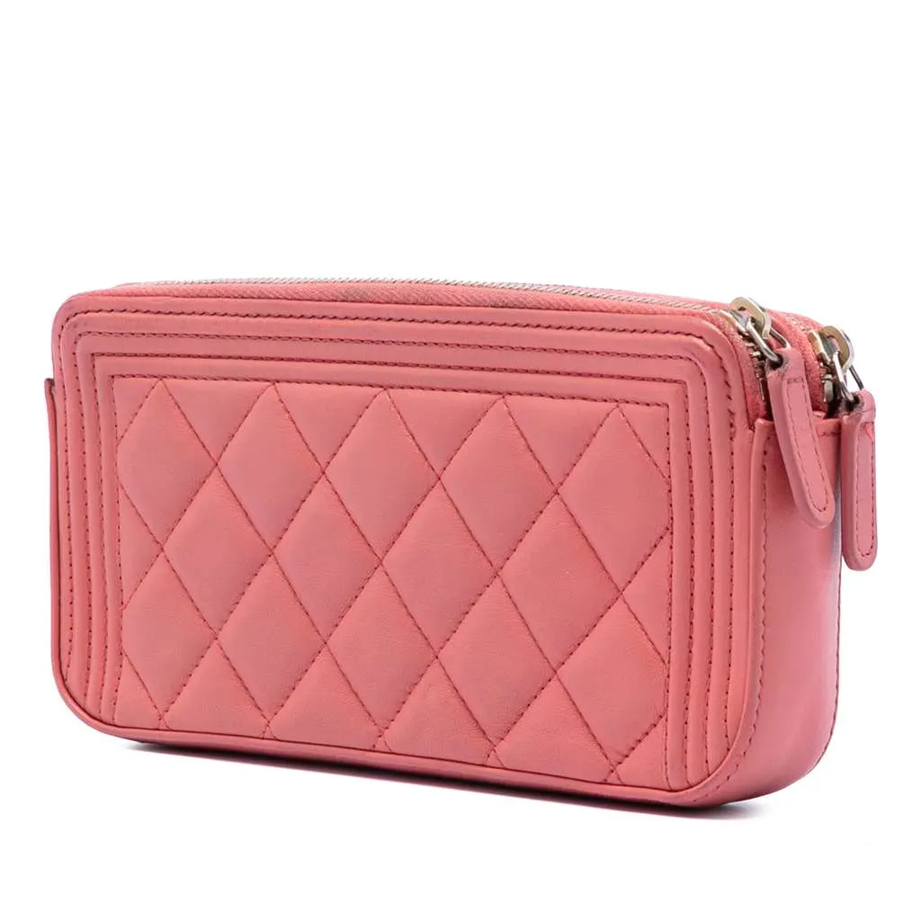 Chanel Quilted Caviar Boy Double Zip Clutch With Chain Pink Leather Very good - Back View