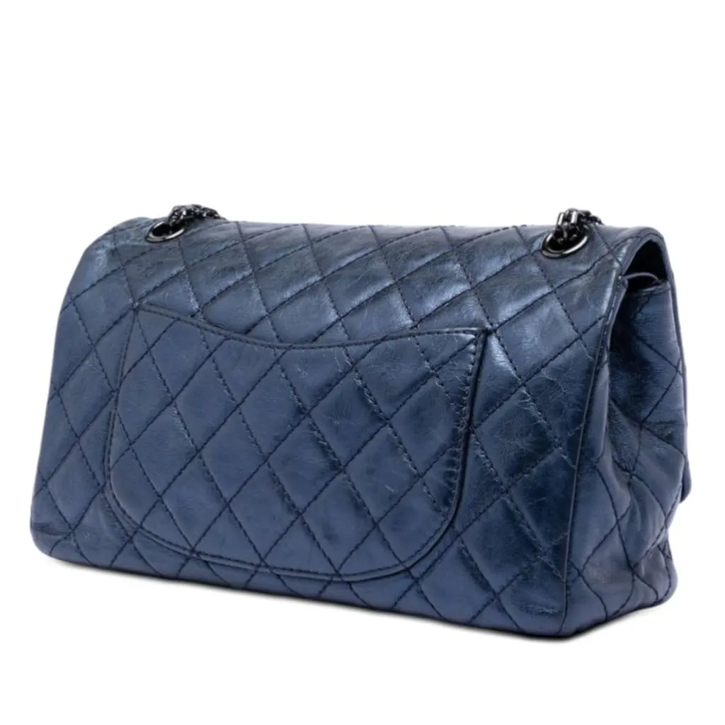 Chanel Quilted Metallic Aged Calfskin Reissue 2.55 Double Flap 226 Blue Leather Very good - Back View