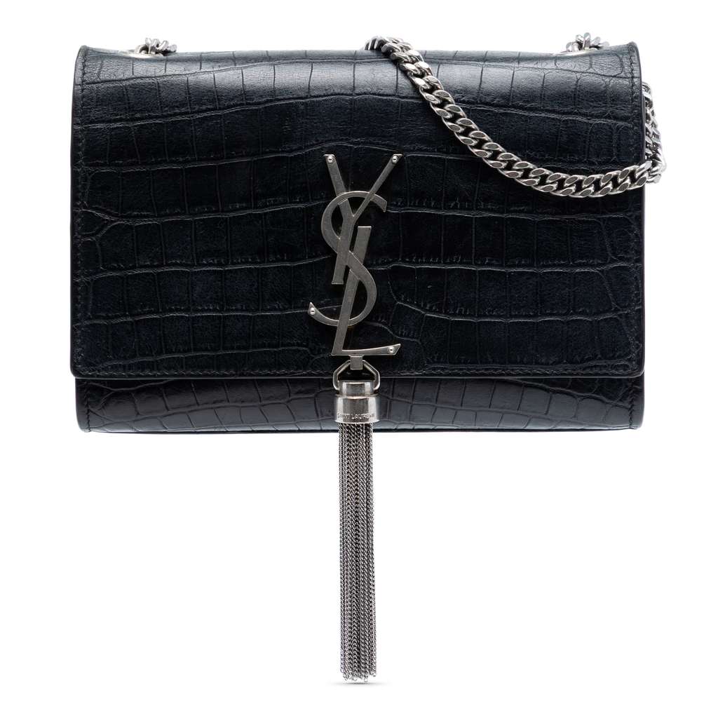 Saint Laurent Croc Embossed Leather Monogram Kate Tassel Wallet on Chain