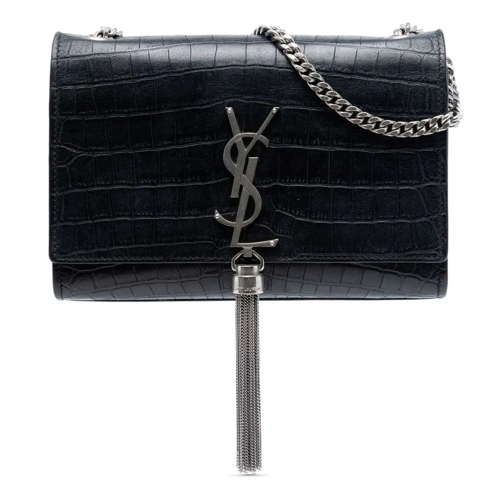 Saint Laurent Croc Embossed Leather Monogram Kate Tassel Wallet on Chain Black Leather Very good - Front View