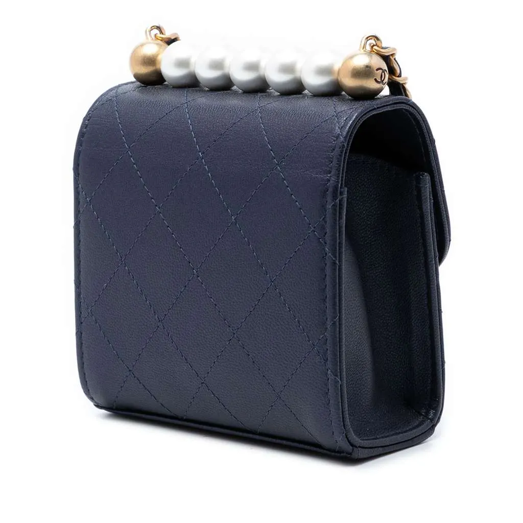 Chanel Mini Quilted Goatskin Vertical Chic Pearls Flap Clutch With Chain Blue Leather Very good - Back View