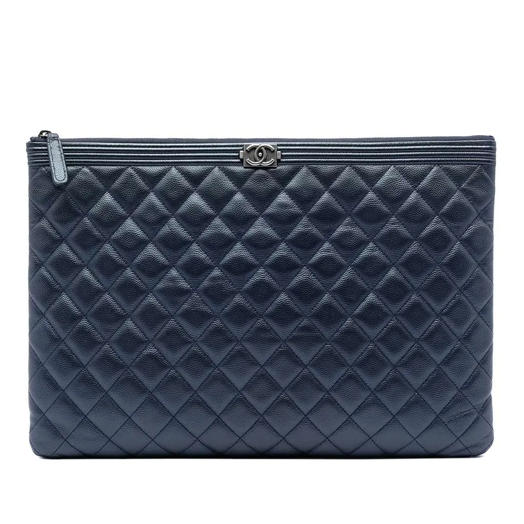 Chanel Large Quilted Caviar Boy O Case Clutch Blue Leather Very good - Front View