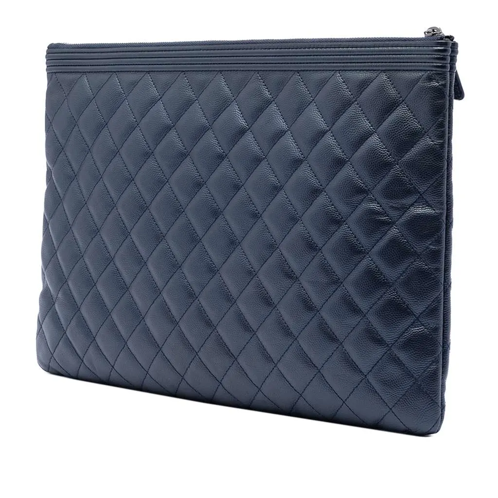 Chanel Large Quilted Caviar Boy O Case Clutch Blue Leather Very good - Back View