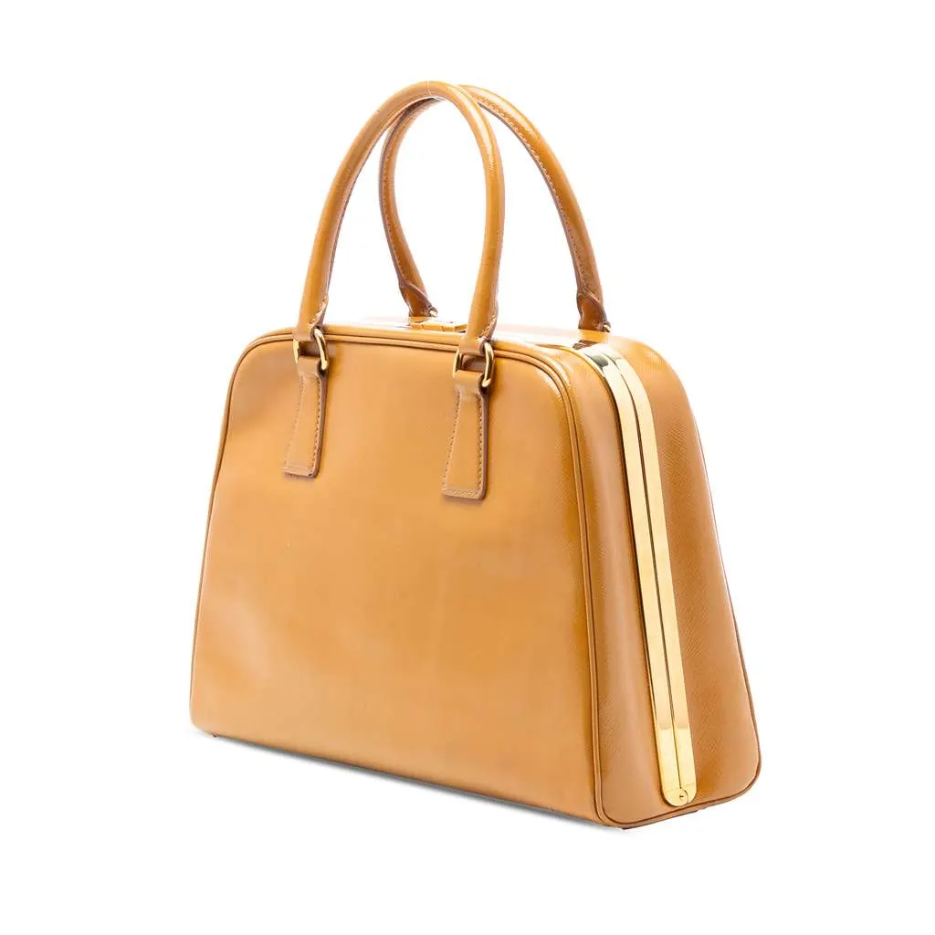 Prada Saffiano Vernice Pyramid Frame Handbag Brown Leather Good - Back View