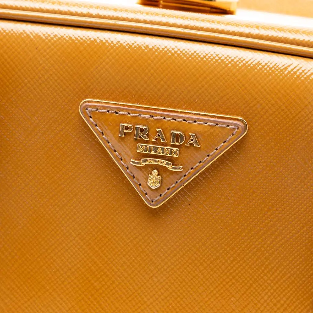 Prada Saffiano Vernice Pyramid Frame Handbag Brown Leather Good - Box View