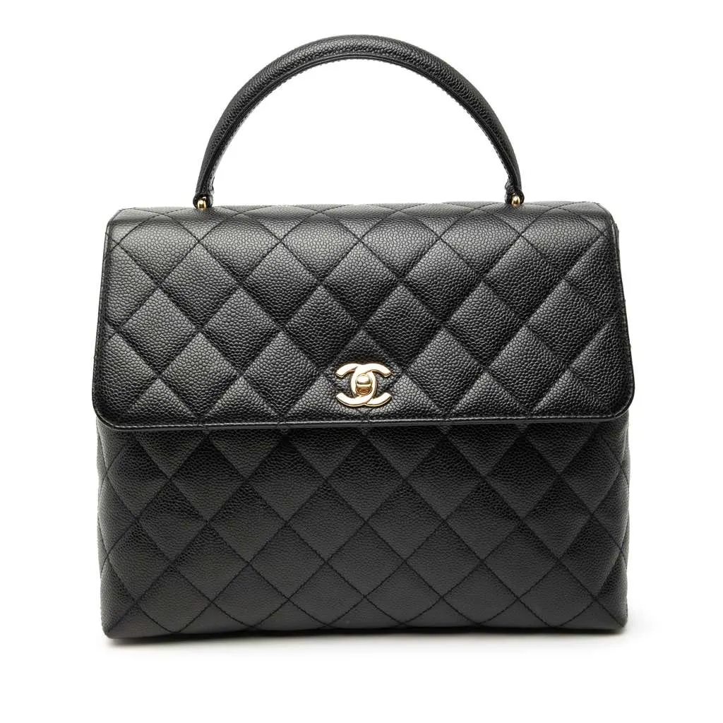 Chanel CC Quilted Caviar Kelly Top Handle Bag Black Leather Very good - Front View