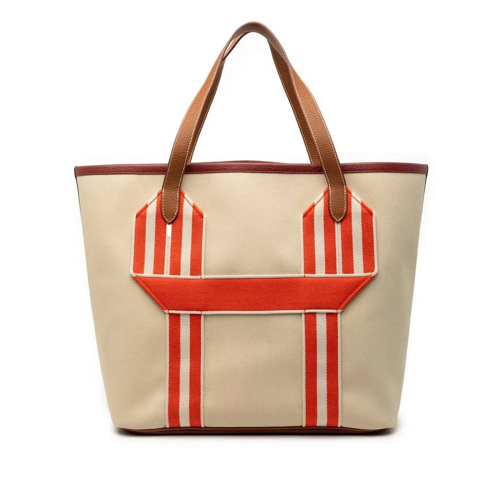 Hermès Toile and Clemence Pursangle Tote Beige Canvas Very good - Front View