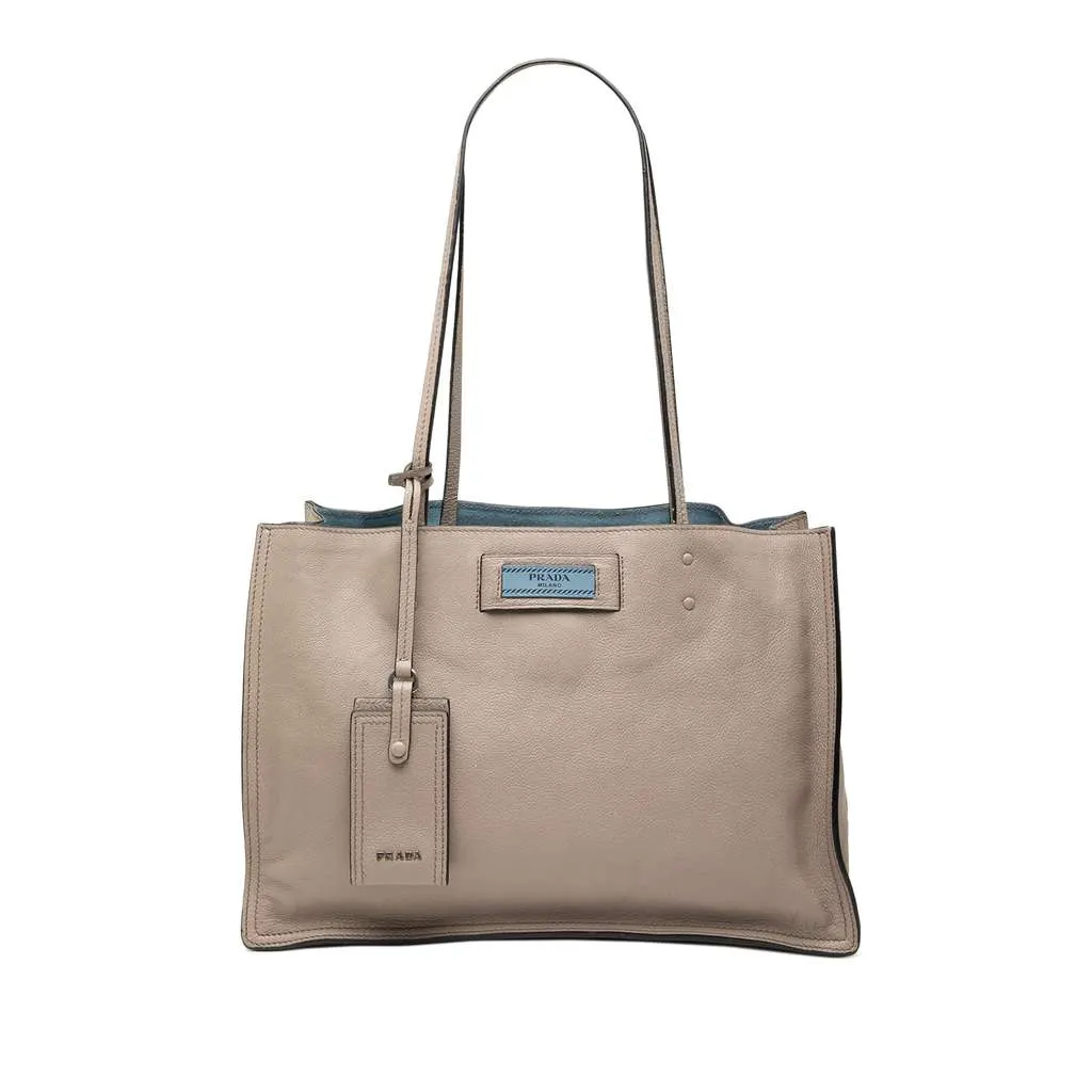 Prada Glace Calf Etiquette Tote Grey Leather Very good - Front View