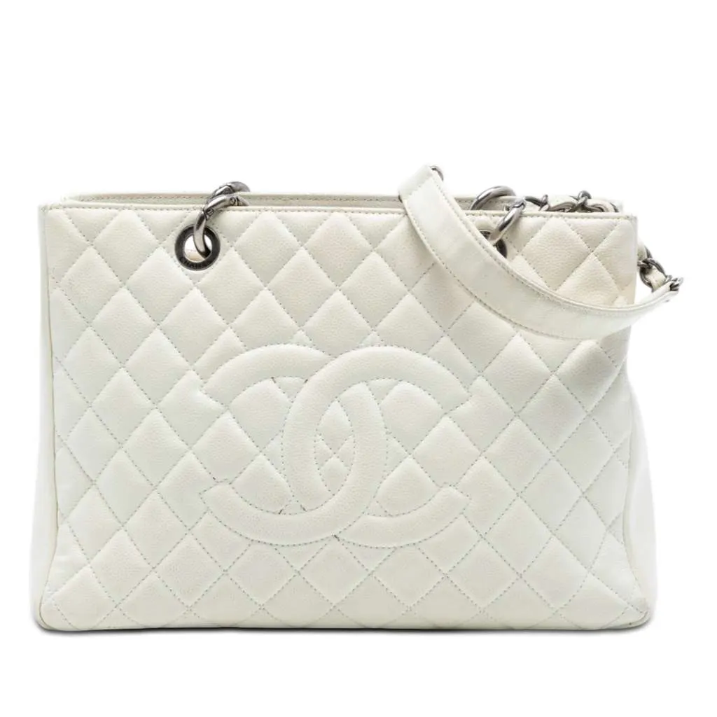 Chanel Caviar Grand Shopping Tote White Leather Very good - Front View