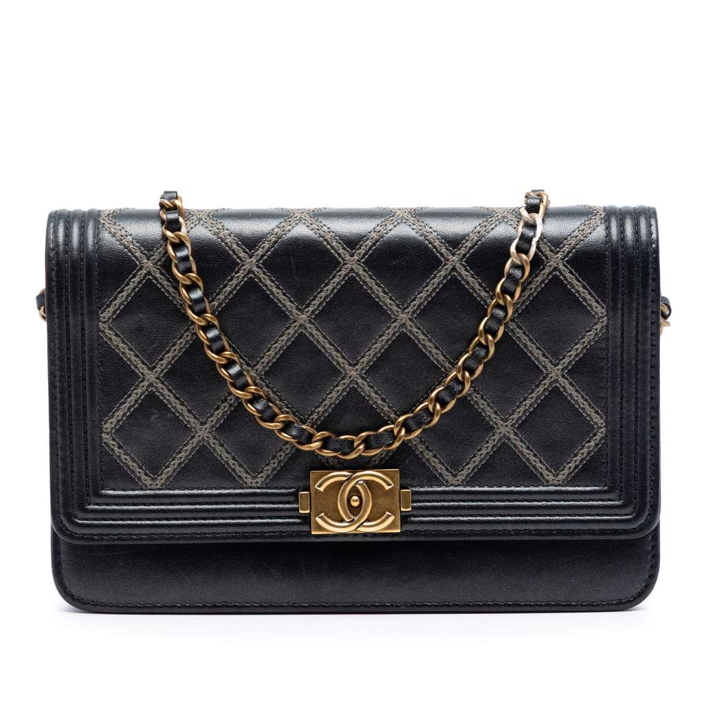 Chanel Quilted Lambskin Double Stitch Boy Wallet On Chain