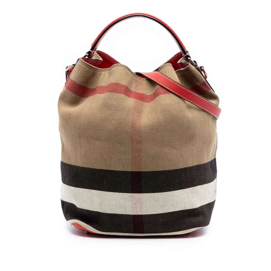 Burberry Medium Mega Check Canvas Ashby Bucket Bag Brown Canvas Very good - Front View