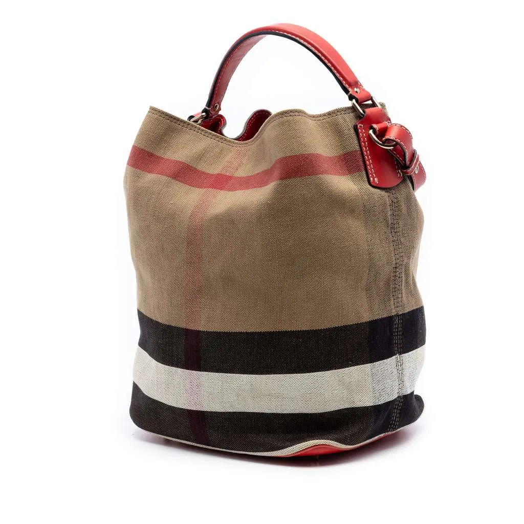 Burberry Medium Mega Check Canvas Ashby Bucket Bag Brown Canvas Very good - Back View