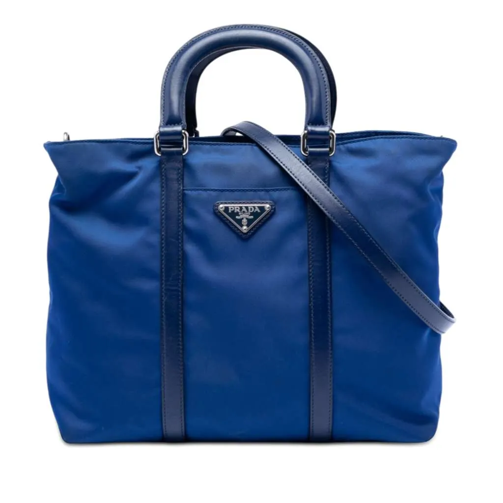 Prada Vitello Trimmed Tessuto Satchel Blue Very good - Front View