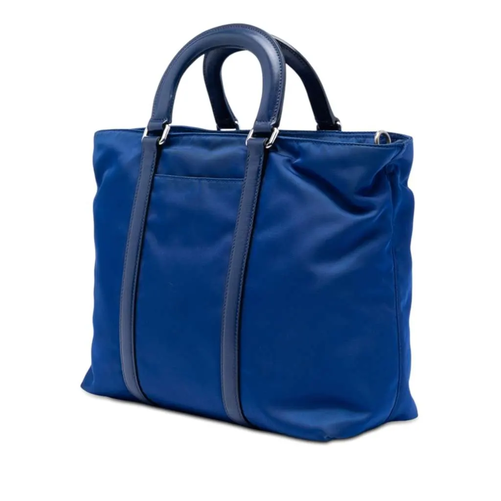 Prada Vitello Trimmed Tessuto Satchel Blue Very good - Back View