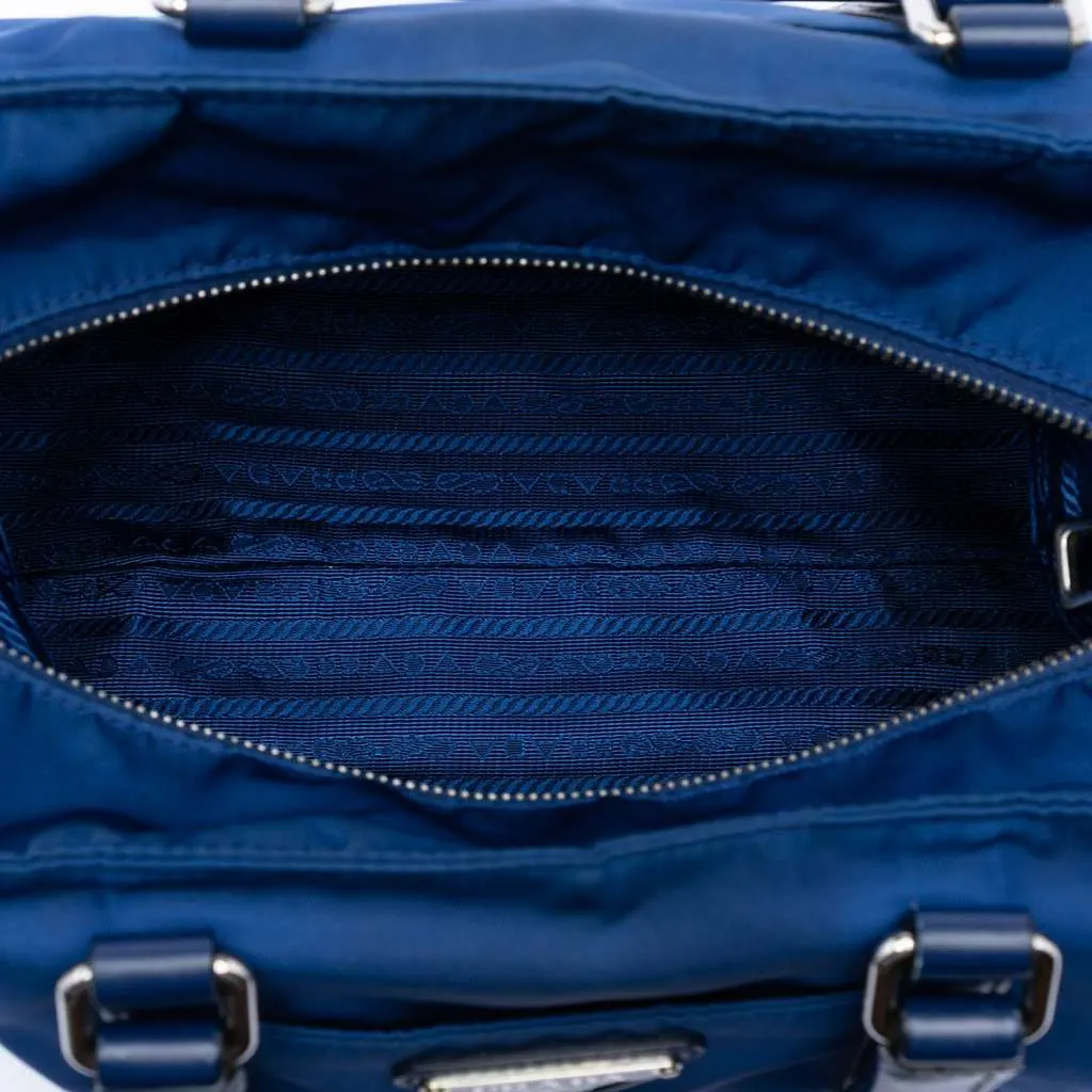 Prada Vitello Trimmed Tessuto Satchel Blue Very good - Model View