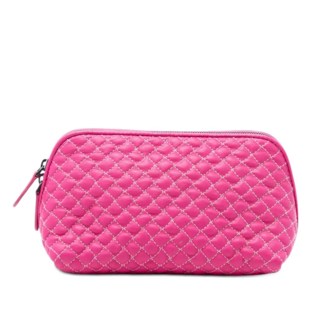 Bottega Veneta Quilted Nappa Zip Pouch Pink Leather Very good - Front View