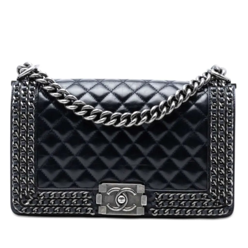 Chanel Old Medium Quilted Glazed Calfskin Chain Around Boy Flap Blue Leather Very good - Front View