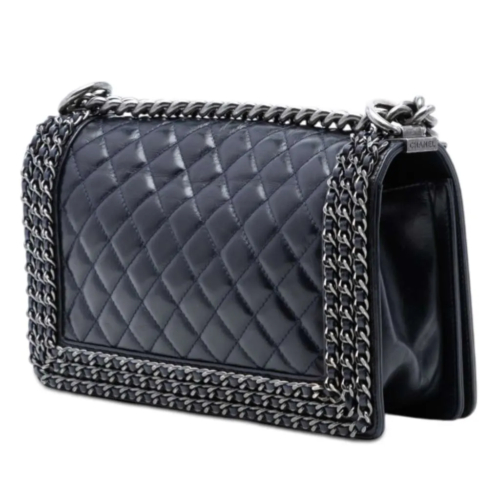 Chanel Old Medium Quilted Glazed Calfskin Chain Around Boy Flap Blue Leather Very good - Back View