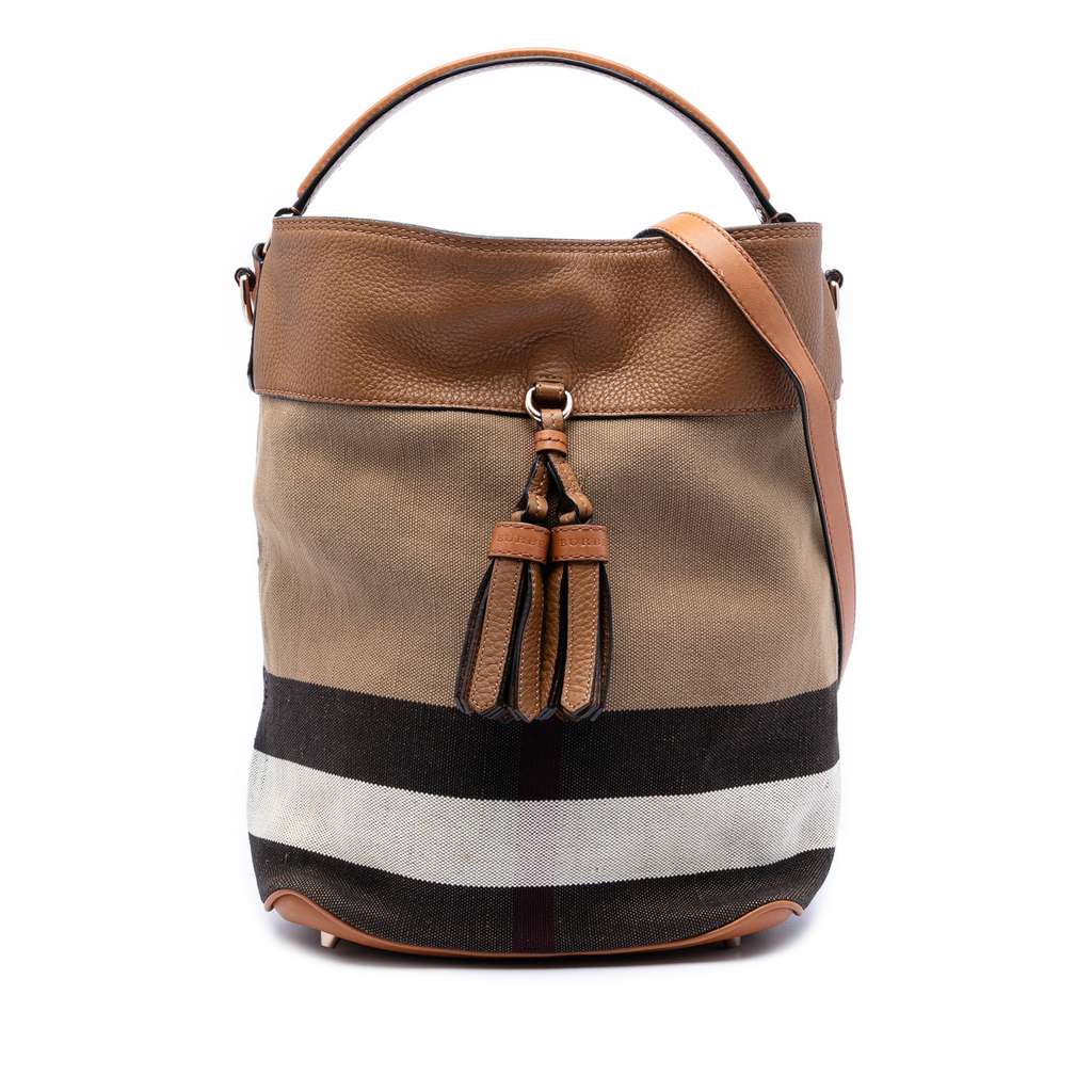 Burberry Medium Mega Check Canvas and Grained Calfskin Ashby Tassel Bucket Bag